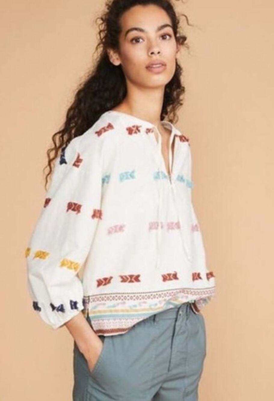 Lou & Grey Women's Getaway Peasant Blouse Boho Embroidery Size XS